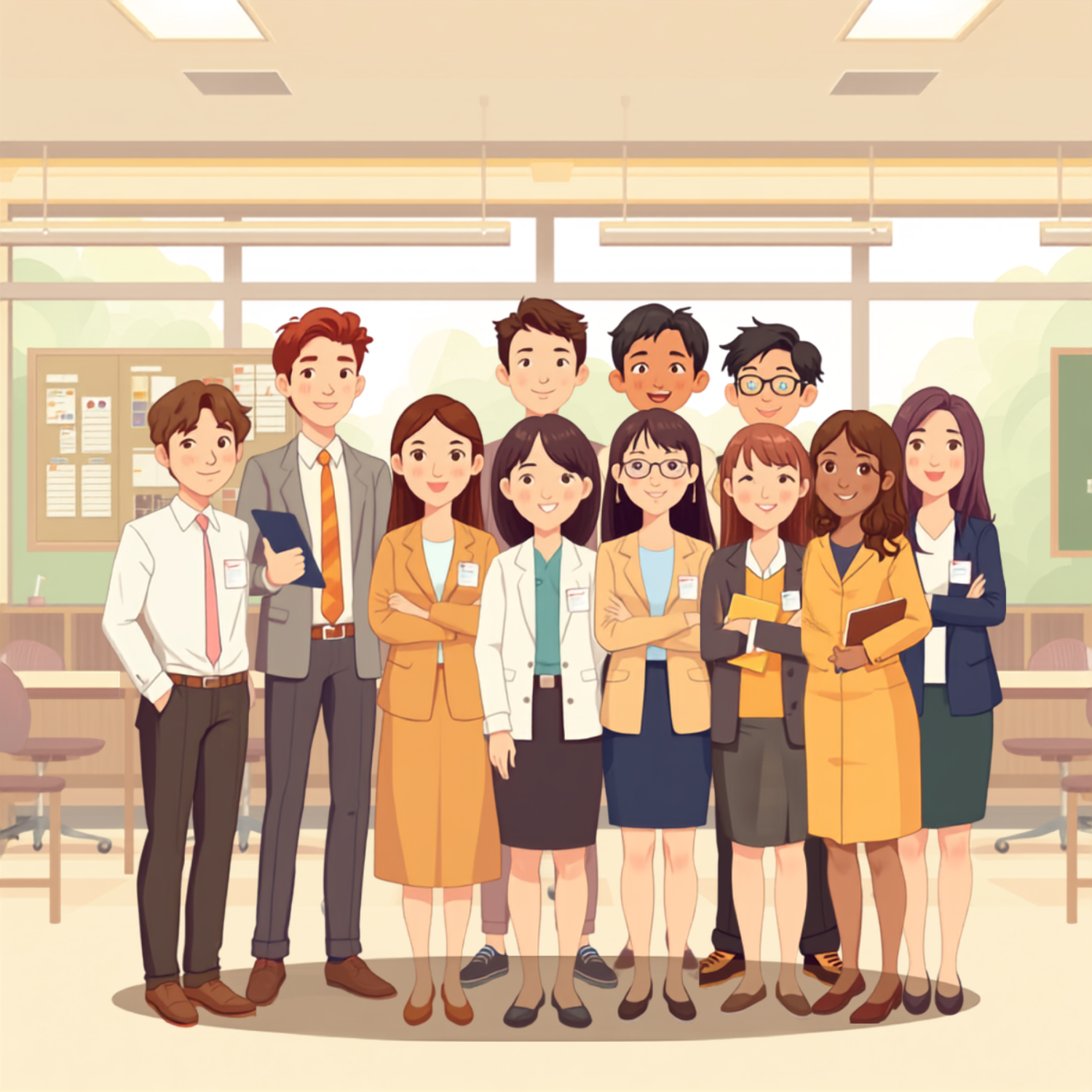 A cartoon image of a group of people smiling in a modern school setting